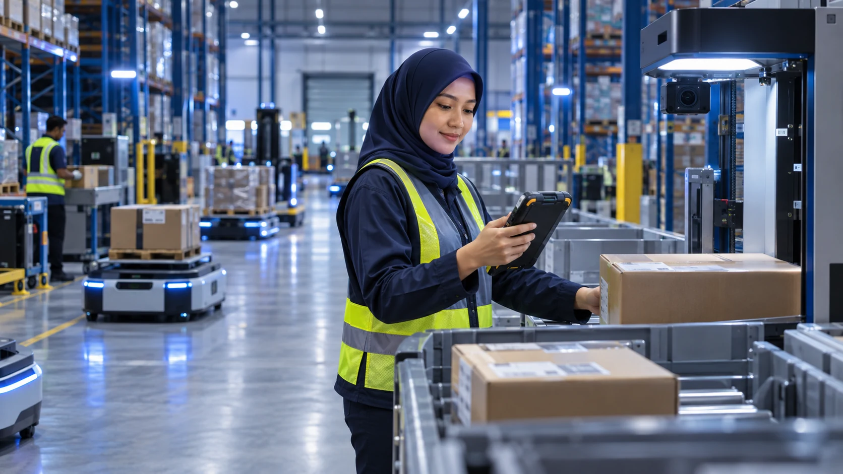 Warehouse operator working with AI vision and autonomous mobile robots